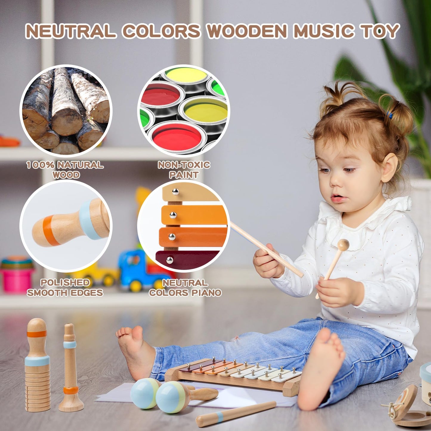 Baby Musical Instruments, Montessori Wooden Toys For Toddlers 1-3, Neutral Colors Percussion Instruments, Modern Boho Xylophone For Kids, Preschool Educational Baby Musical Toys