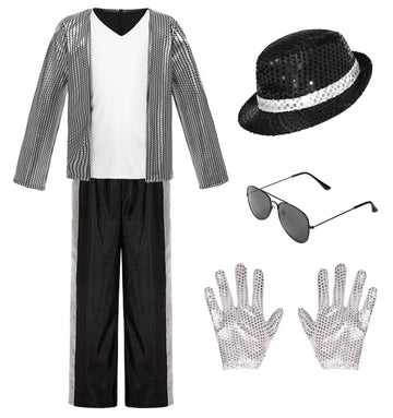 HORTYZON Kids Dance Star Costume Boys 80s Dance Costume 90s Pop Stage Outfits with Glasses Hat Gloves Halloween Cosplay Party (8