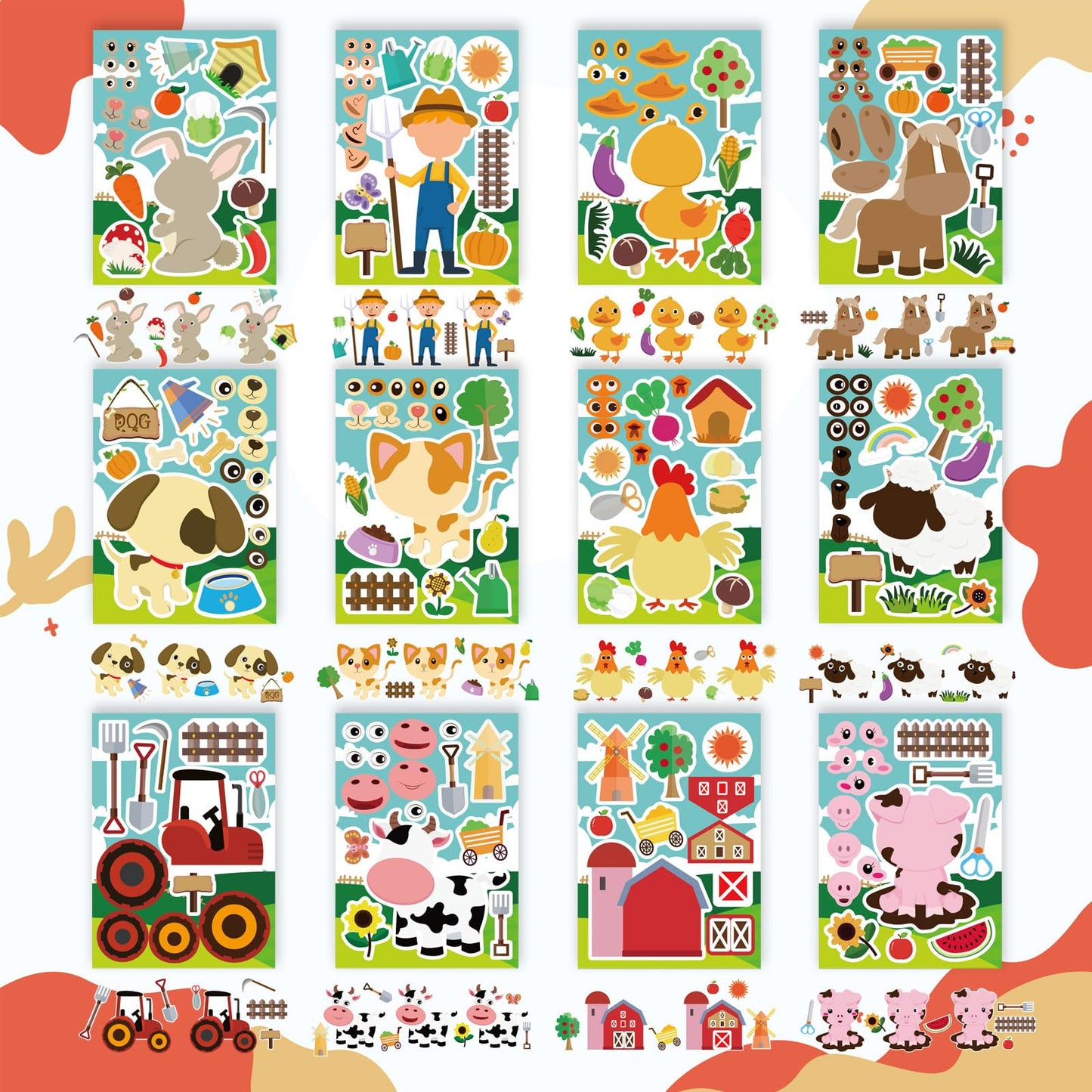 24 Sheets Make-A-Face Sticker, Farm Animal Stickers Sheets Make Your Own Stickers For Kids Farm Themed Birthday Party Favors Sup