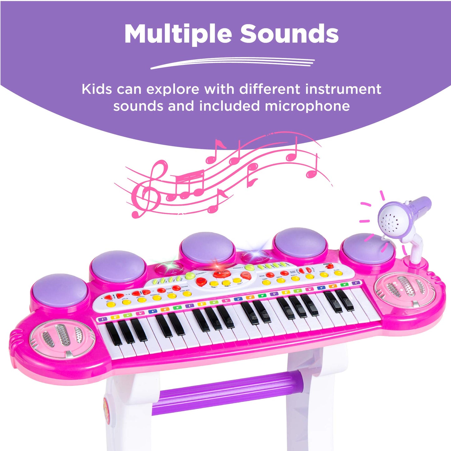 Best Choice Products 37-Key Kids Electronic Musical Instrument Piano Learning Toy Keyboard W/Multiple Sounds, Lights, Microphone, Stool - Pink