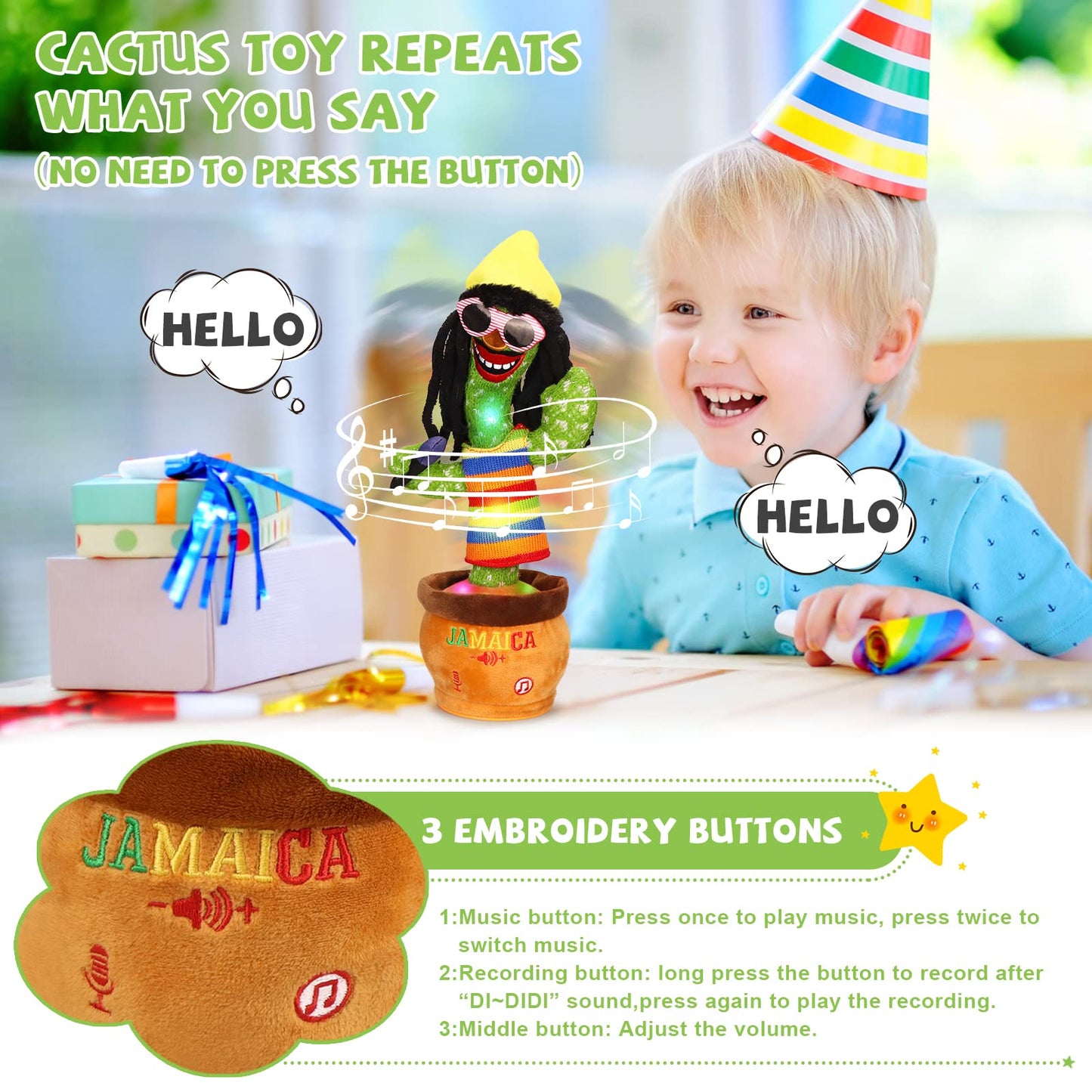 Miaodam Dancing Cactus, Funny Style 270 Degree Rotation Talking Cactus Toy For Big Kids And Adults, Repeats What You Say Colorfu