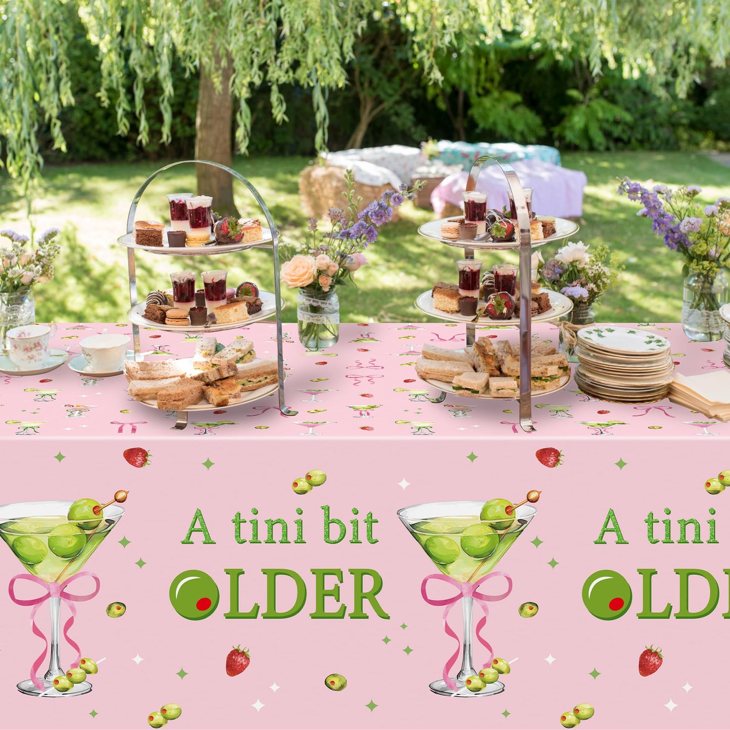 Pink Green Martini Party Tablecloths - 3Pcs A Tini Bit Older Birthday Table Covers, Martini Bow Themed Party Decoration Plastic