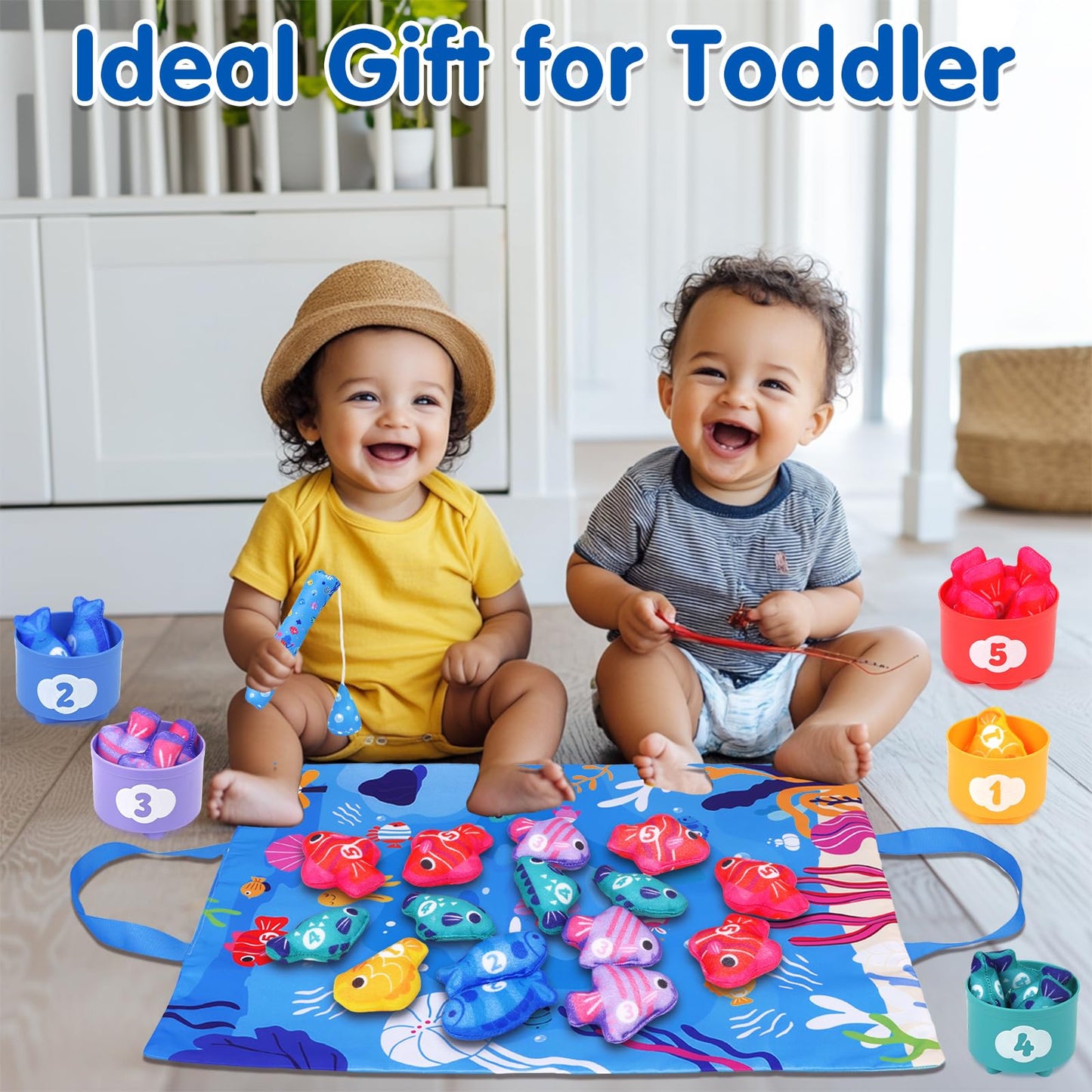 Montessori Toys For 1 Year Old: Cloth Fishing Game Baby Toys 6-12 12-18 Months With Stacking Cups - Sorting Learning Toddler Toy