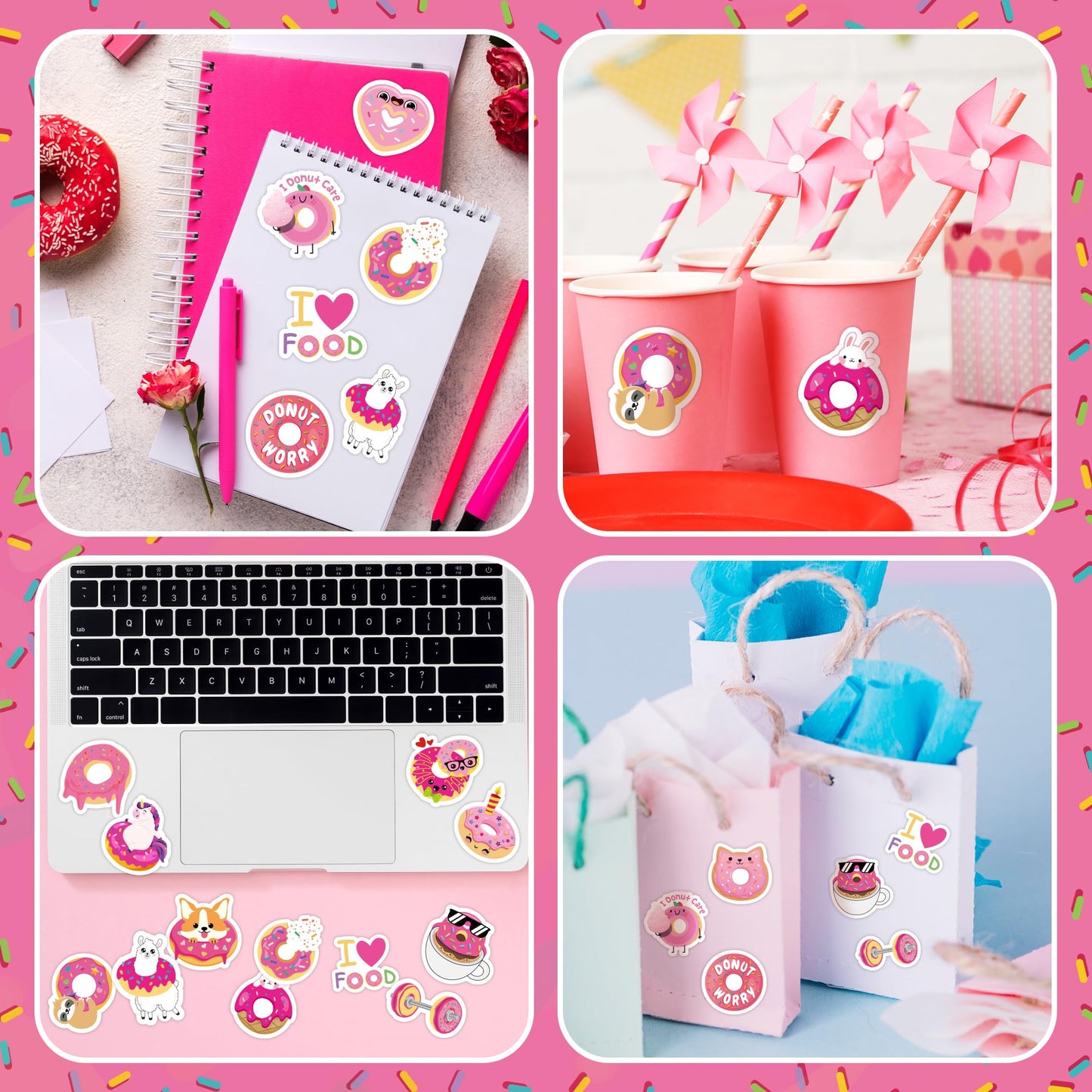 Beyumi Pink Donut Sticker Roll - 1000Pcs Donut Stickers In 2 Rolls Waterproof Vinyl Sweets Themed Cute Snack Dessert Decals For Gift Laptop Bottle Scrapbooking Luggage Computer Envelope Decor For Kids