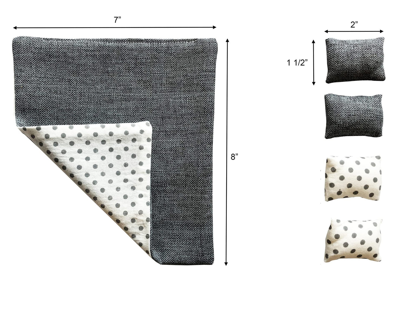 Dollhouse Furniture Mini Bed Set, Realistic Bedroom Accessories for 6 inch Dolls, Decorative Grey Bedspread & Pillows, White Woo