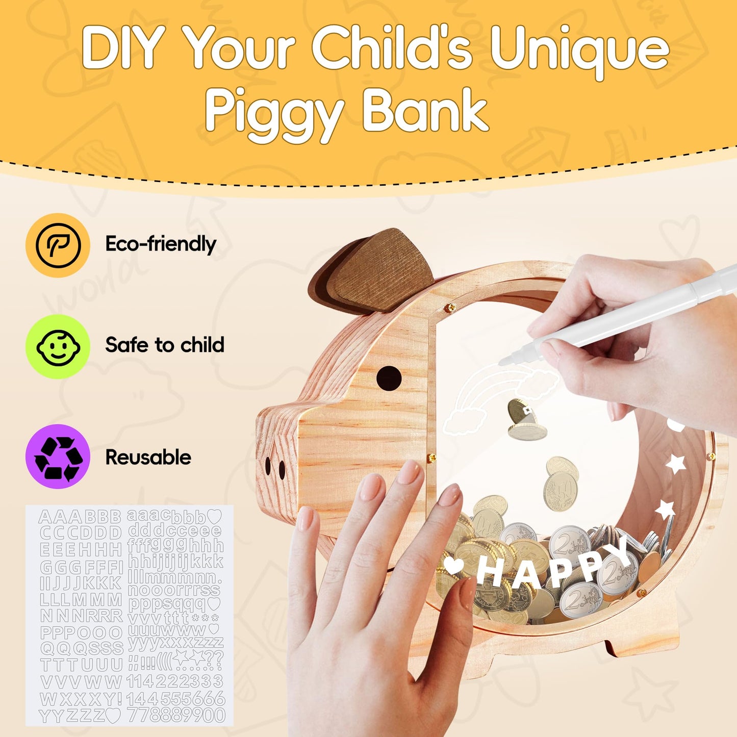 Piggy Bank For Kids Money Saving,Wooden Piggy Bank For Boys Girls,Unbreakable Piggy Bank With Letter Stickers,Diy Name Personali
