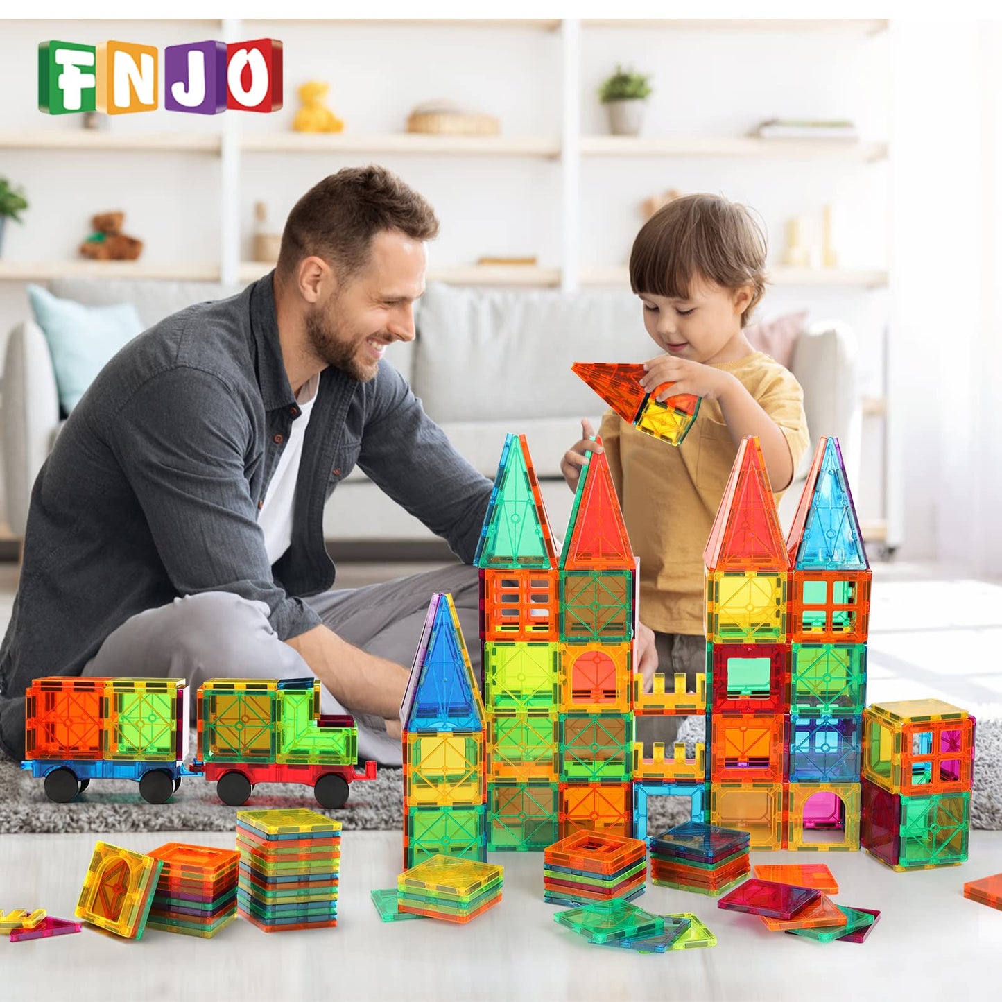 FNJO Magnetic Car Set, Compatible with Magnetic Tiles, 2 Car Trucks