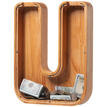 Piggy Bank For Kids Boys Girls, Large Personalized Wooden Letter Piggy Bank With Cut-Out Design, Alphabet Letter Coin Banks, Money Savings Box, Wooden Bank For Kids Creative Gift For Real-Money(U)