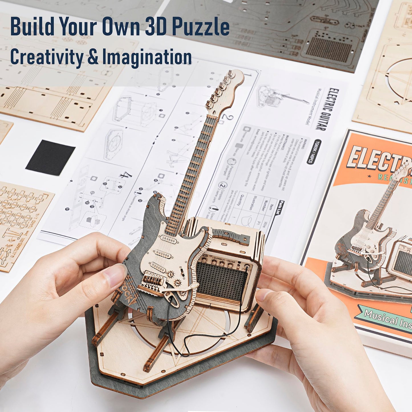 Rowood 3D Puzzles For Adults, Diy Wooden Model Kit For Adults To Build, Stem Electric Guitar Desk Toy Project For Kids, Birthday