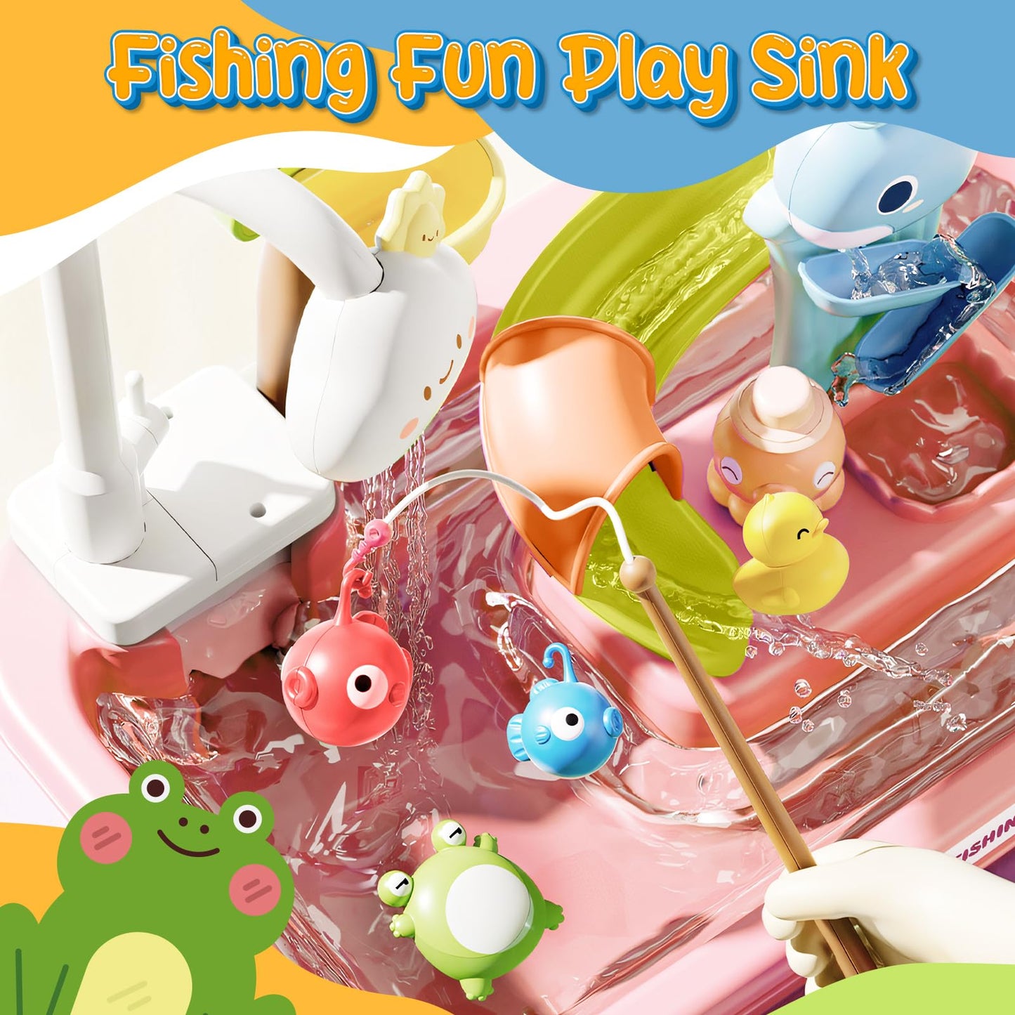 Play Sink with Running Water, 4-IN-1 Kids Kitchen Sink Toys with Electric Faucet, Water Table Floating Pool Toy w/ Fishing Game,