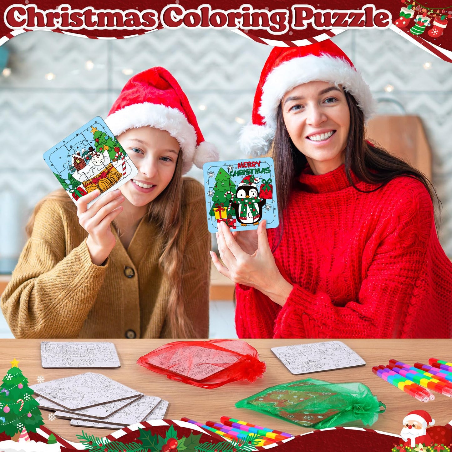 Fullhawl 12 Sets Christmas Puzzles Color Your Own Puzzles DIY Jigsaw Crafts with 12 Stackable Crayons and 12 Bags for Learning Education Toys Gifts Prizes Birthday Party Supplies(12 Christmas)