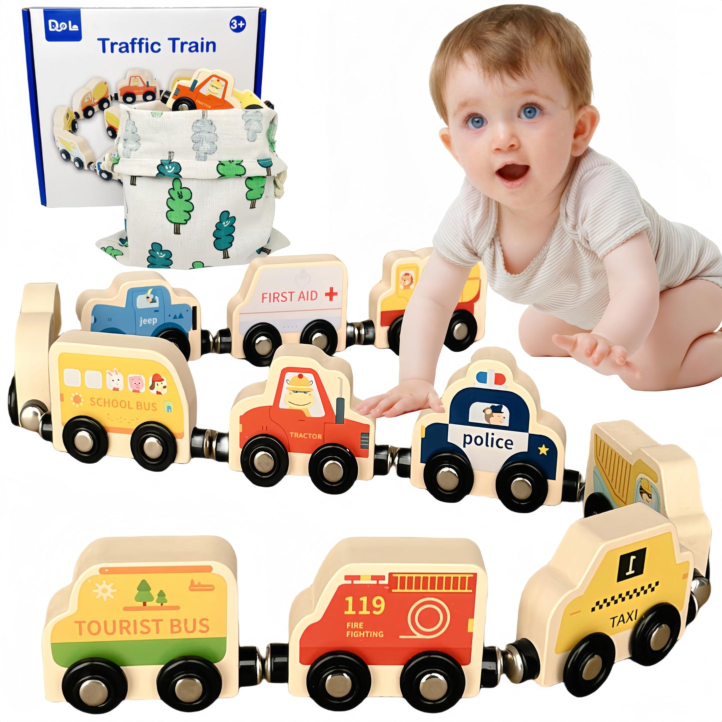 Montessori Toys For Toddler Age 1-3, Toddler Toy Wooden Magnetic Traffic Train Set With Playmat/Storage Bag For Baby Boy, Birthd