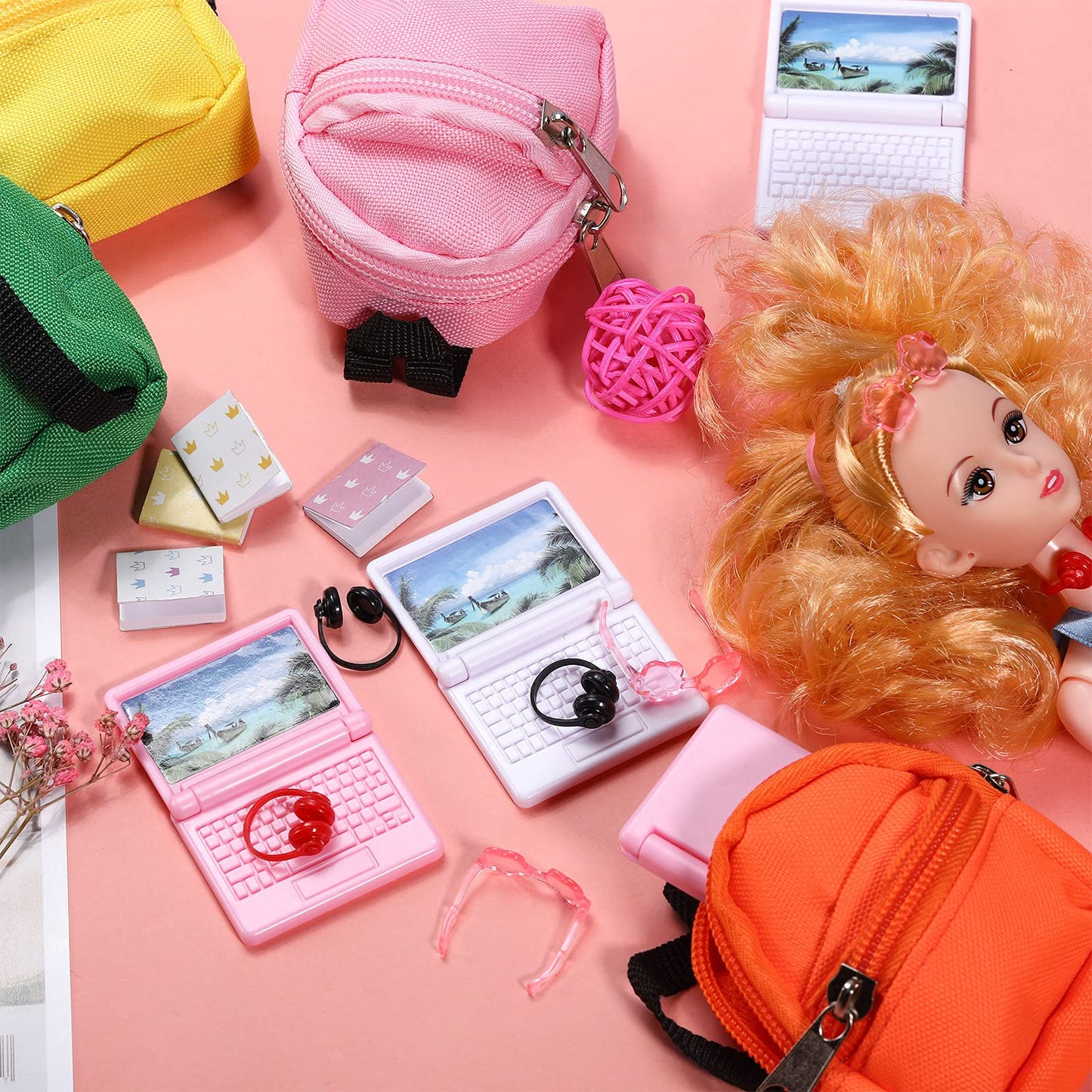 20 Pieces Mini Backpack For Dolls Dollhouse Accessories Include Tiny Micro Backpack With Zipper Laptop Books Headsets Sunglasses Cute School Scene Simulation Toys For 1/12 1/6 Scale(Elegant Style)