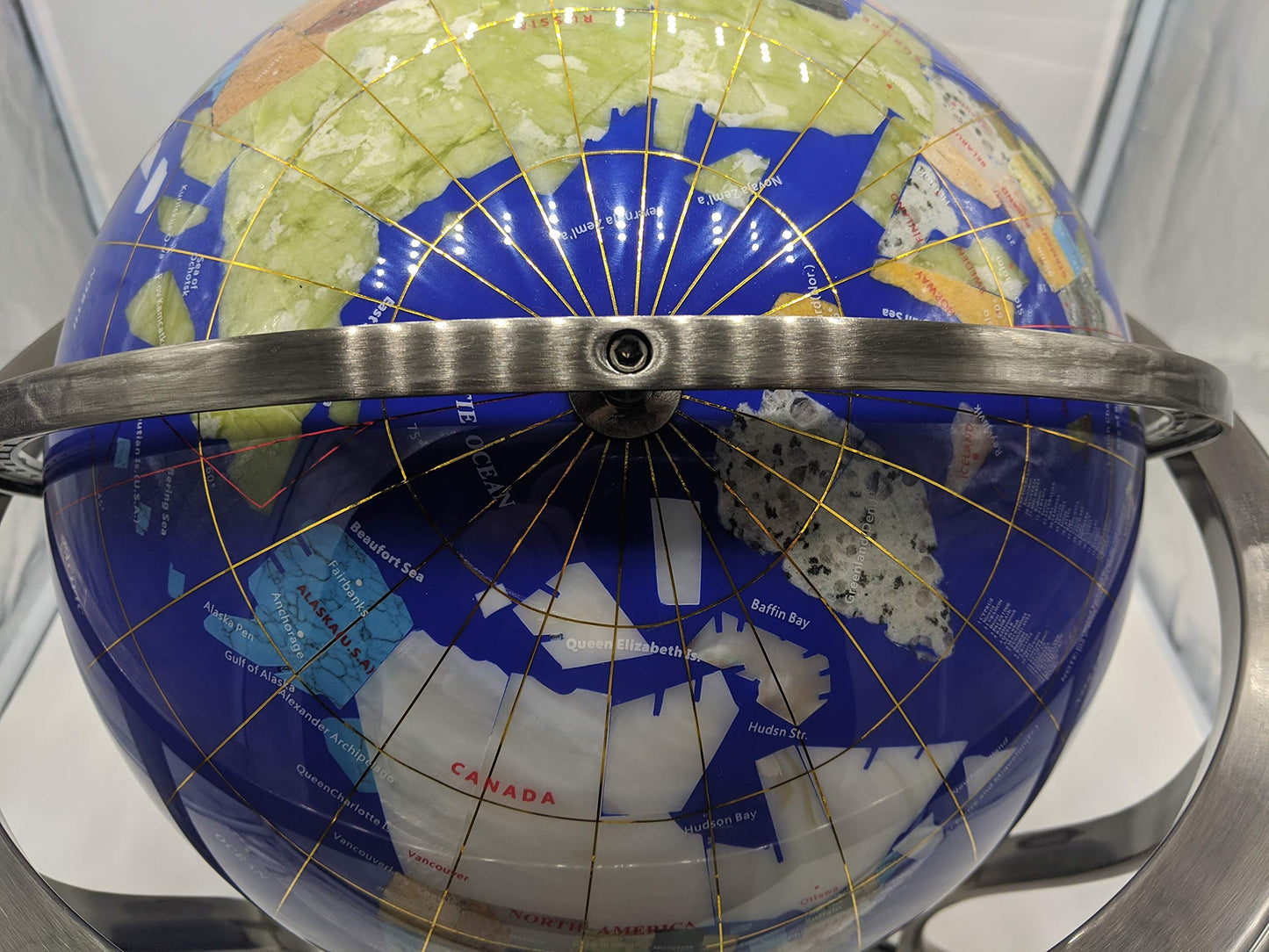 Unique Art 21-Inch Tall Blue Lapis Ocean Table Top Gemstone World Globe With Silver Tripod And Separated State Stones
