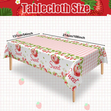 Lianxuia 3Pcs Strawberry Tablecloth, 54 X 108 Inch Pink Checkered Plastic Tablecloth, Berry Sweet One Table Covers For Baby Show