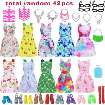 Bjdbus 42 Pcs Doll Clothes And Accessories Including 10 Pcs Fashion Mini Dresses 32 Pcs Shoes, Glasses, Necklaces, Handbag, Hangers Accessories For 11.5 Inch Girl Doll