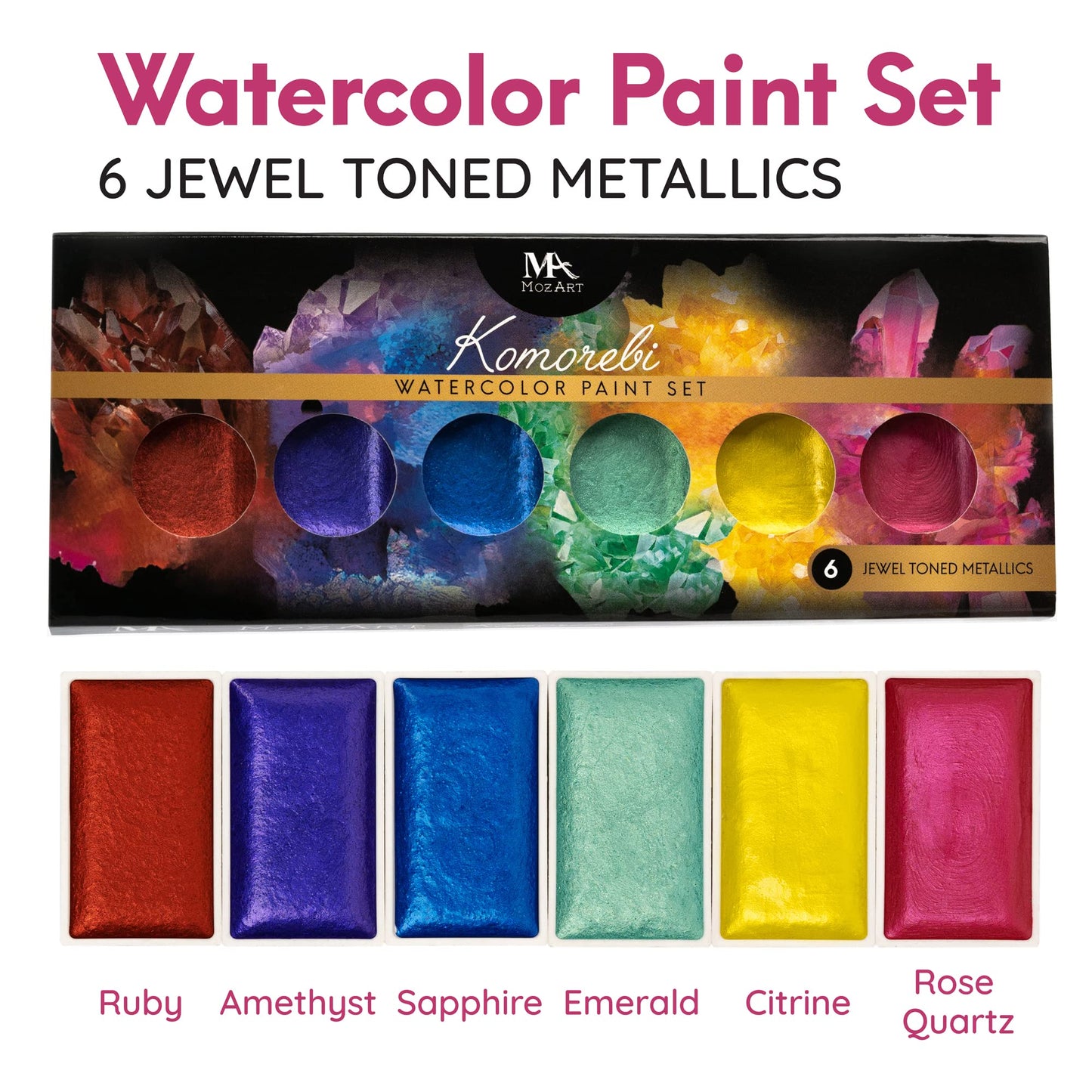 Mozart Supplies Professional Watercolor Paint Set - 6 Jewel Vibrant Colors - Light Weight And Portable Travel Watercolor Set - P