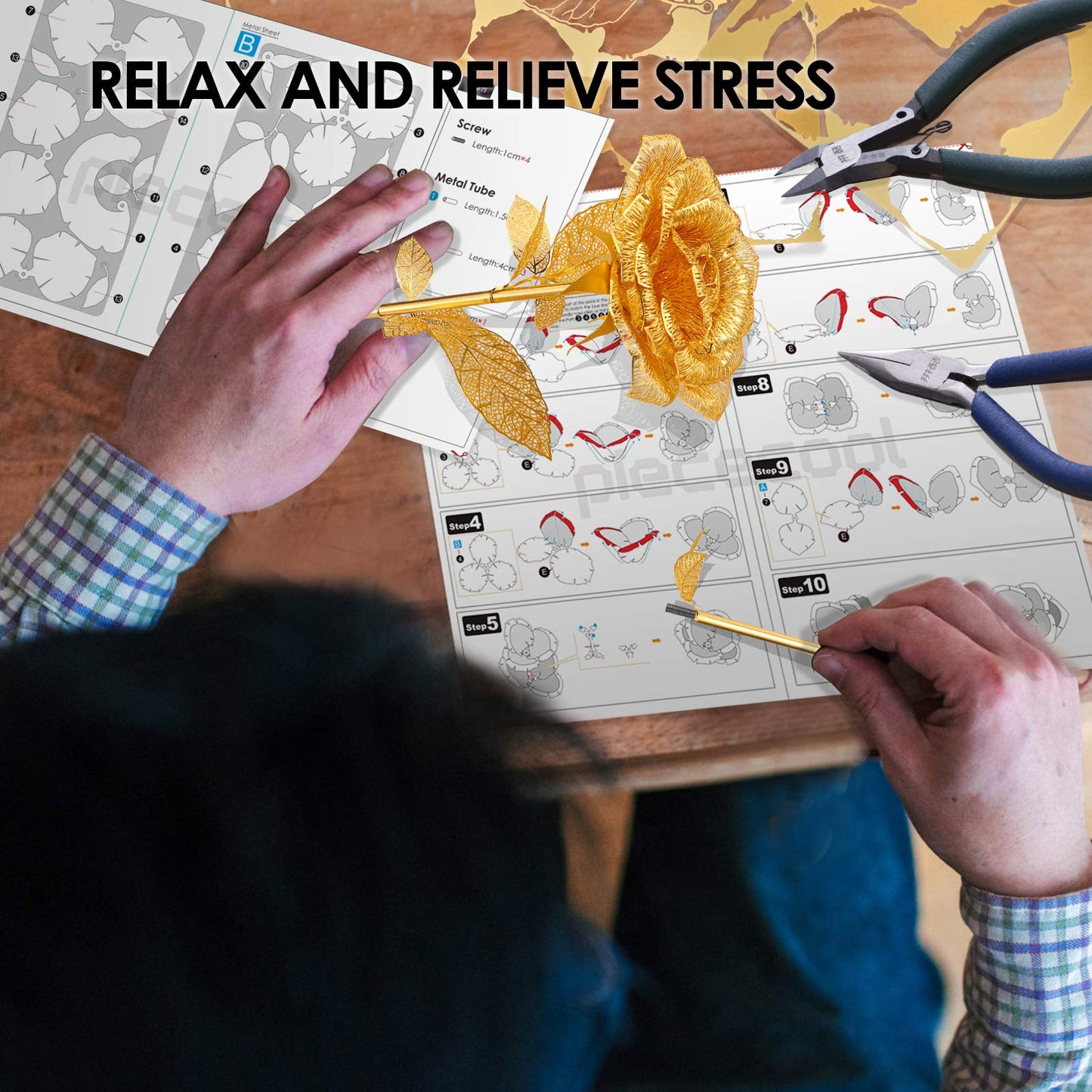 Piececool 3D Metal Puzzles Rose Flower Model Kits, Artificial Flowers Metal Building Blocks Diy 3D Puzzle For Adults, For Father Mothers Valentines Day, 15Pcs Gold