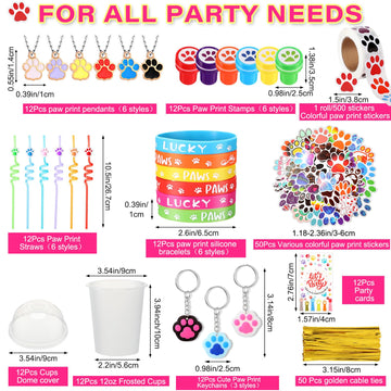 Gejoy 178 Pcs Dog Paw Party Favors, Set Including Straws Cups Silicone Bracelet Keychain Stamper Sticker Pendant Chain Thank You