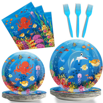 Gisgfim 96 Pcs Ocean Under The Sea Plates And Napkins Party Supplies Ocean Themed Tableware Set Lunch Napkins Party Decorations