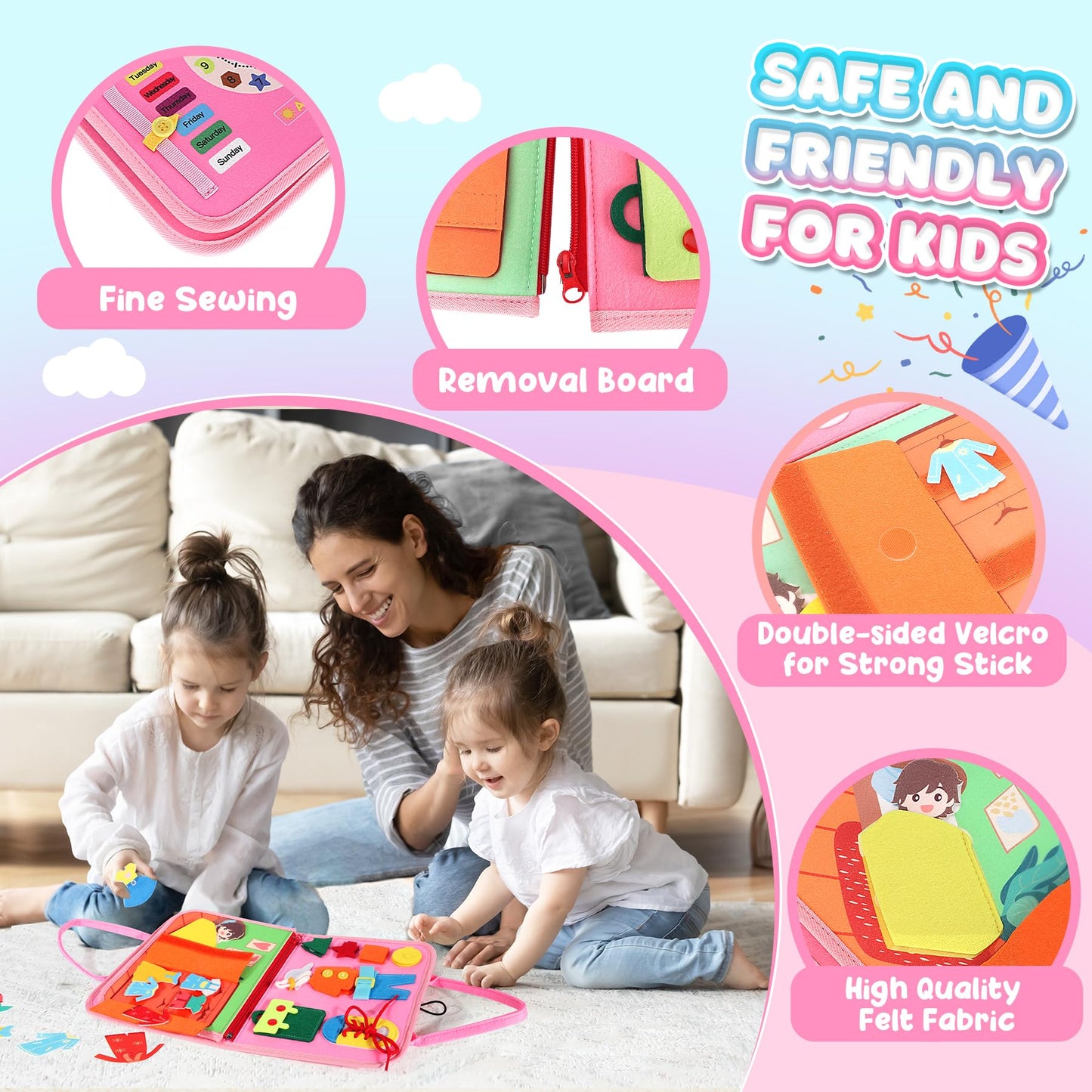 URMYWO Toddler Busy Board - Montessori Educational Toy for Ages 1-4, Pink Busy Book with Alphabet, Numbers & Animals, Perfect Birthday Gift