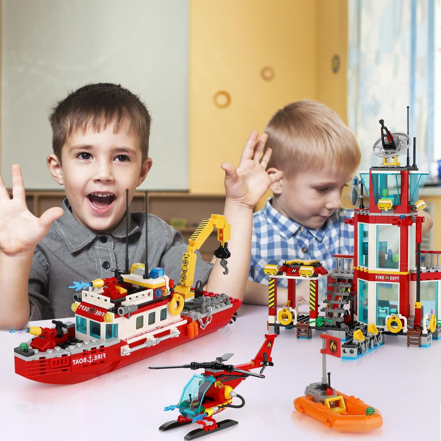 Toy Player City Oceans Fire Station Building Kit - Compatible With Leg0 Fire Station Set, With Fire Station/Fire Helicopter/Fire Ship/Rescue Boat, Gift For Sets For Boys 8-14 Years