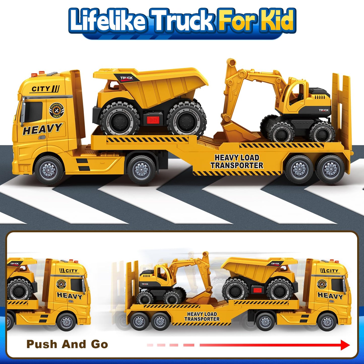 Toddler Boy Toys for 3 4 5 6 7 Years Kids, 25'' Semi Construction Carrier Truck Toy with Excavator and Dump Truck, Friction Powe