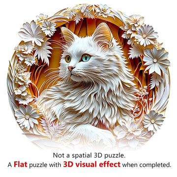 Wooden Puzzles for mature-themeds -Flat Puzzle with 3D Visual Effect Unique Shape White Cat Puzzle Wood Puzzles mature-themed Gift for Cat Lovers Wall Art Home Decor (L-13.4 * 13.3in-300 Pieces)