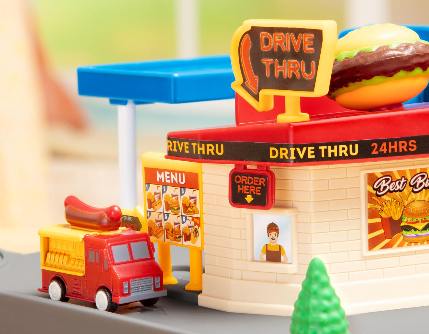 Driven By Battat Kids Gas Station & Drive-Thru Restaurant Playset With Food Truck - Toddler Boy Toys With Moving Parts - Compatible With Pocket Series Tracks - Toddler Toys