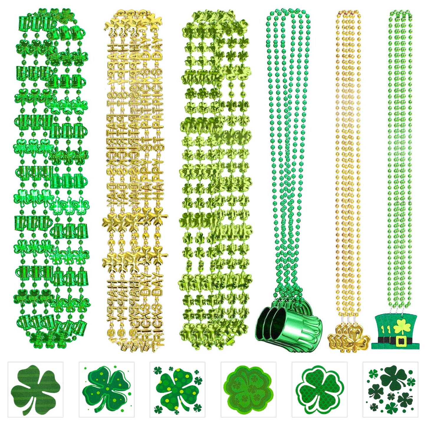 Whaline 18Pcs St. Patrick'S Day Bead Necklaces And 30Pcs Shamrock Tattoo Stickers Green Gold Pendant Necklaces Bundle For Irish