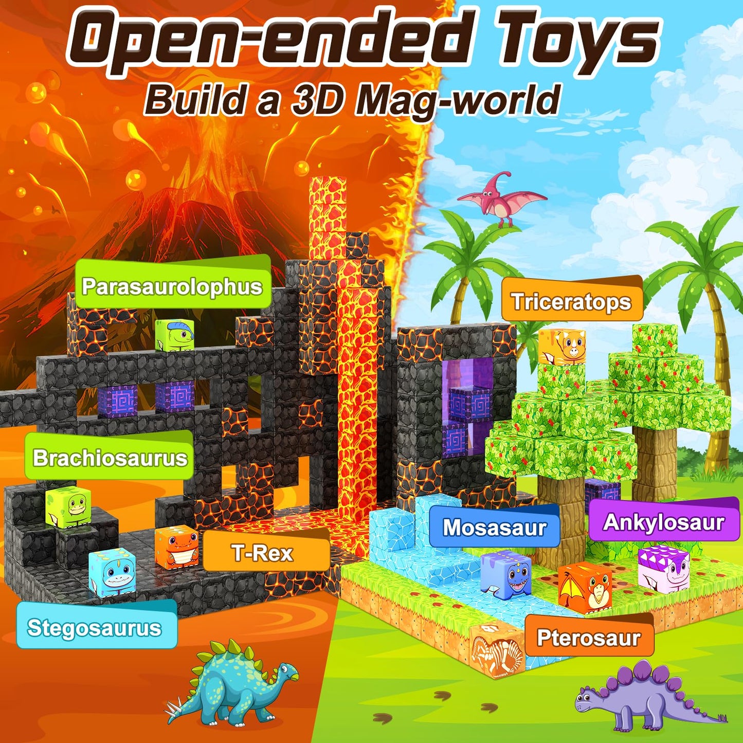 Dinosaur Toys Magnetic Blocks - Build Mine Magnet World Dinosaur Adventure Set, Magnetic Building Blocks Outdoor Toddler Toys For 3+ Year Old Boys & Girls, Creative Jurassic Scenes Kids Toys Games