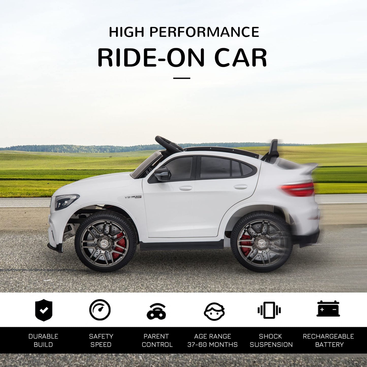 Aosom 12V Ride On Toy Car For Kids With Remote Control, Mercedes Benz Amg Glc63S Coupe, 2 Speed, With Mp3, Electric Light, Horn, Suspension, White