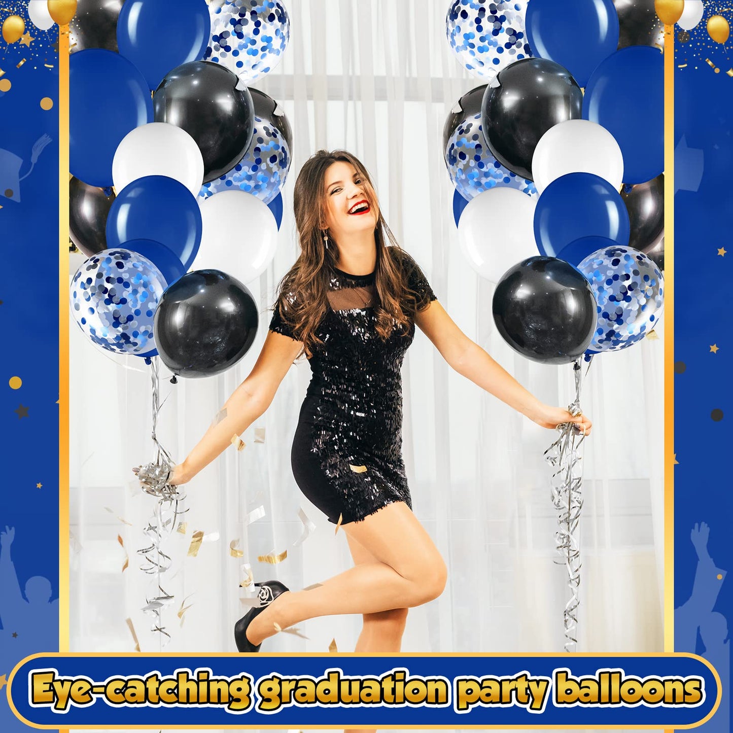 60 Pcs Balloons Kit 12 Inch Confetti Balloons With 2 Rolls Ribbon Latex Balloon Party Favor Metallic Balloons For Memorial Day, Birthdays, Fourth Of July, Halloween Decorations(Black, Blue, White)