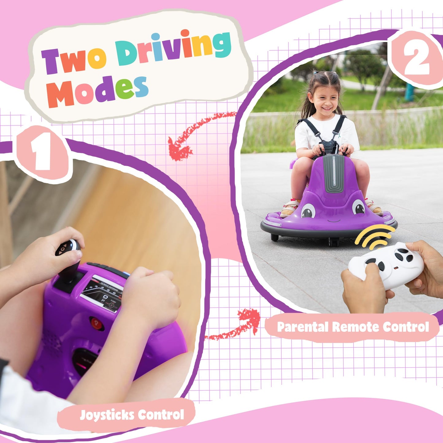 Tobbi Toddlers Bumper Car, 12V Baby Electric Ride On Snail Shape Toy With Remote Control/Children Diy Funny Stickers/360 Degree Spin For Kids Of Ages 1.5-9 (Purple)