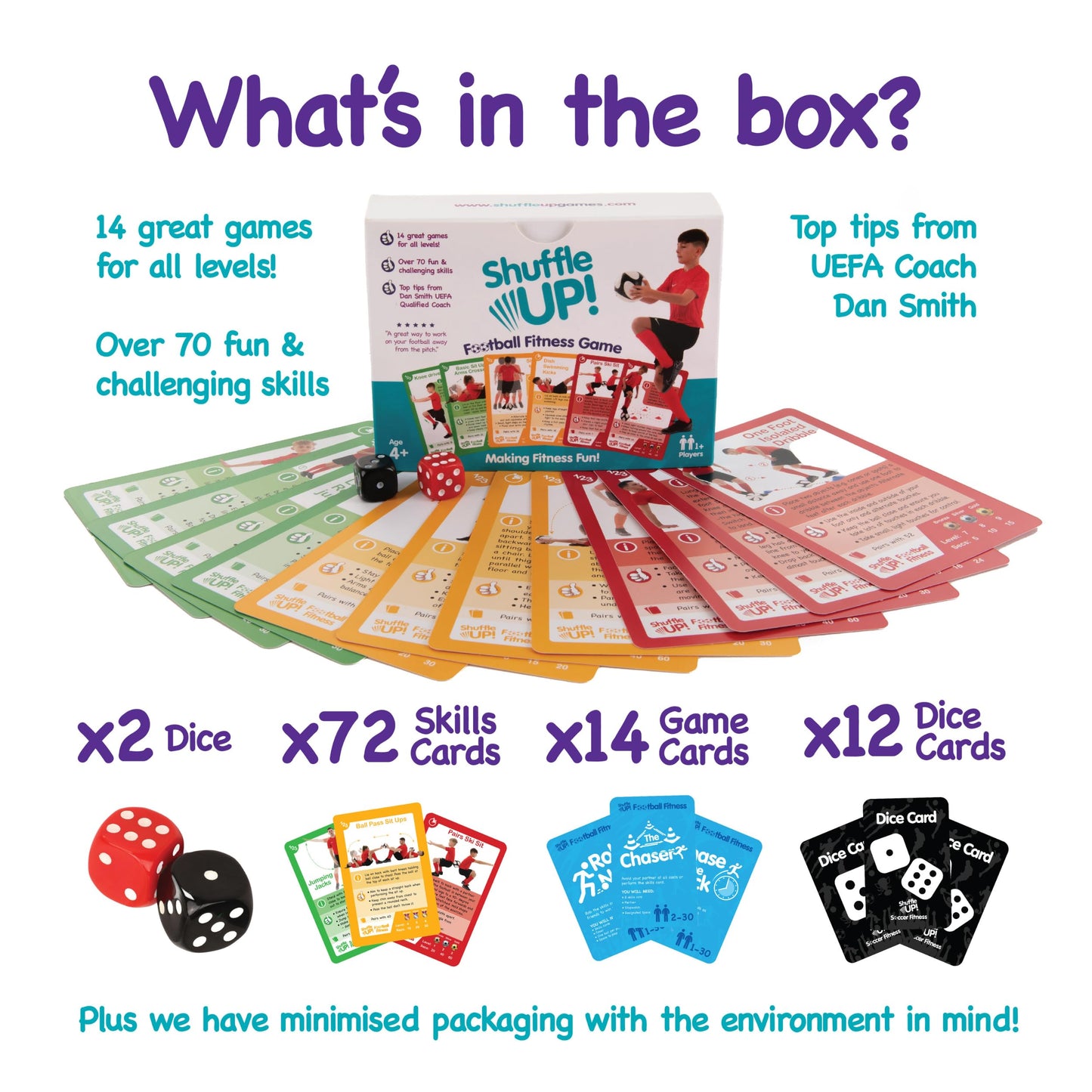 Shuffle Up Soccer Card Games - 70+ Fun & Active Skills Cards For Kids, Fitness Cards Develop Fundamentals, Stamina & Strength, Easy To Play For Kids | Multiple Skills Level Cards Include 2 Dices