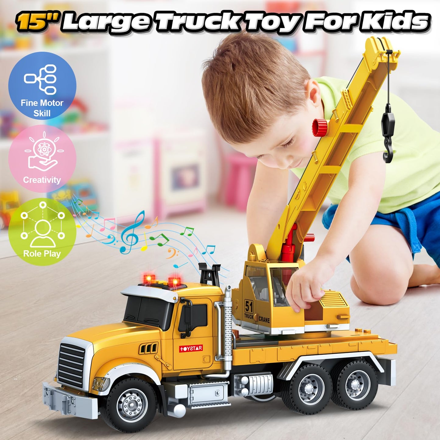 Kids Toys for 3 4 5 6 7 8 Years Old Boys, Crane Truck Toy with Lights, Sounds, Toddler Friction Powered Truck Vehicle Toy for Bo