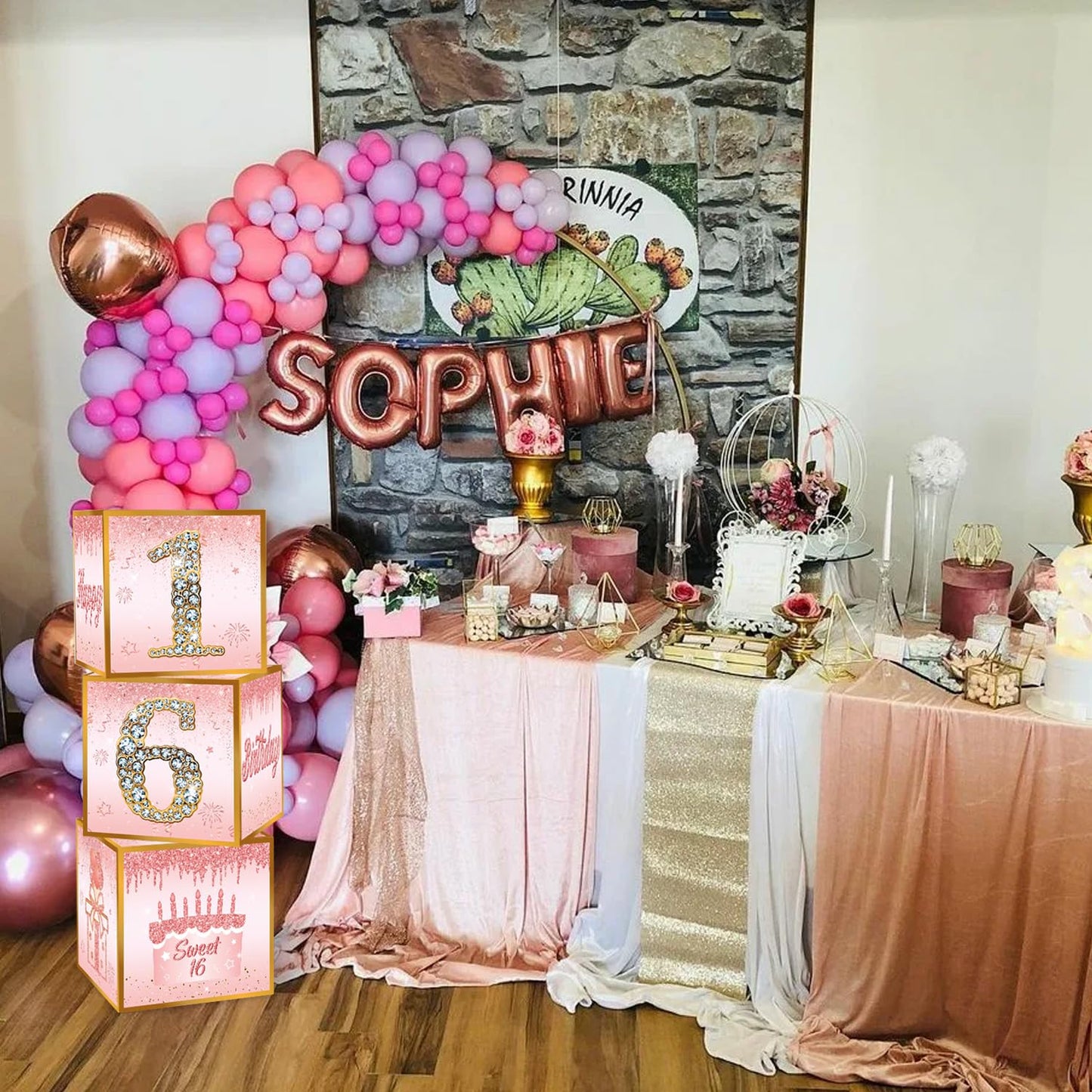 Toniful 4 Pcs Sweet 16Th Birthday Decorations Boxes For Girl, Sixteen Years Old Birthday Cardboard Box,Pink And Rose Gold 16Th B