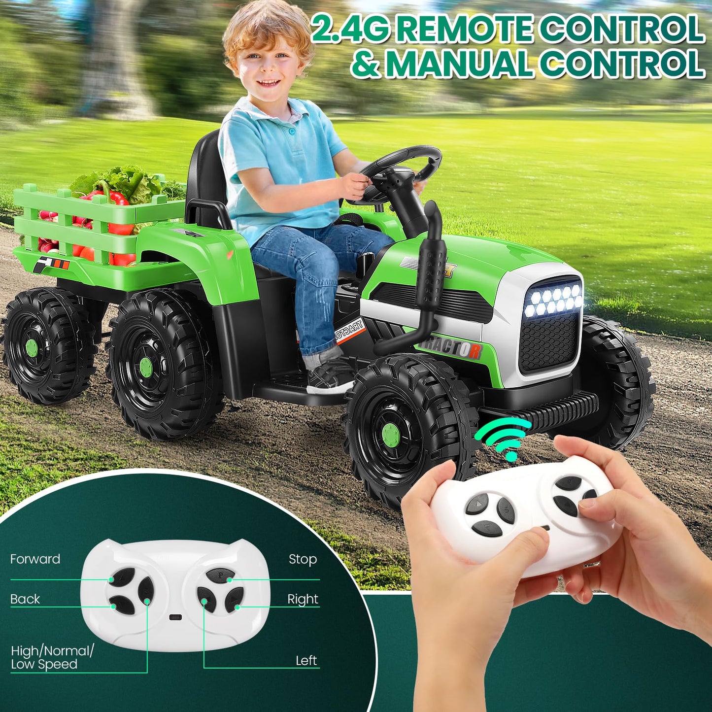 Hikole Kids Ride on Tractor, 12V Electric Tractors with Trailer, Remote Control, 11-LED Headlights, 3-Gear-Shift, 30W Dual Motor