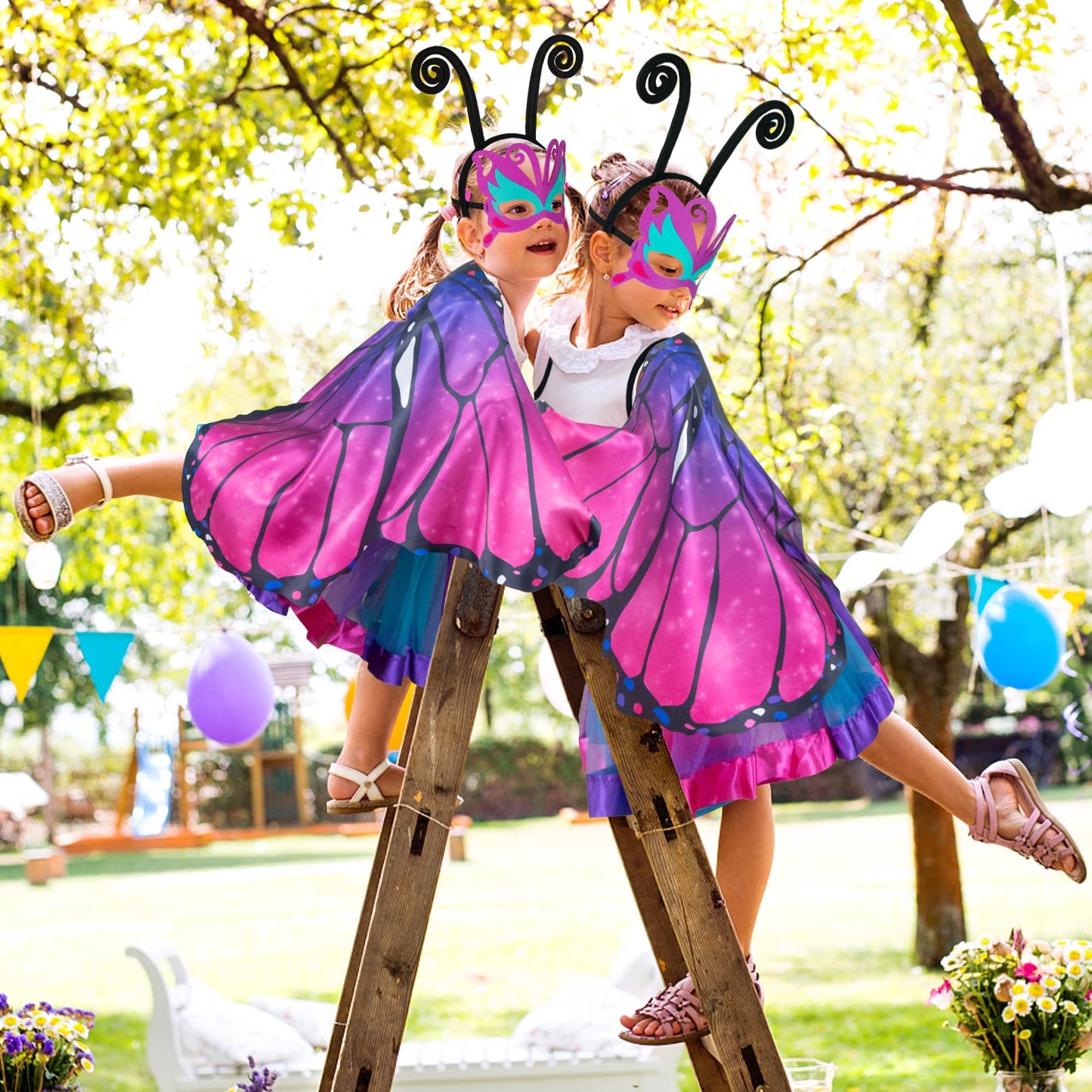 D.Q.Z Fairy Butterfly-Wings Costumes For Girls Dress Up Clothes Rainbow Tutu Mask Headband Role Play Toys For Girl 3-8 Gift (Rose)