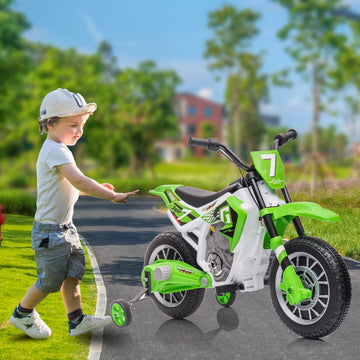 AOKOY Electric Dirt Bike for Kids, 12V Rechargeable Motorcycle, Large, Green, with Training Wheels, Music, Shock Absorber, 2 Speeds