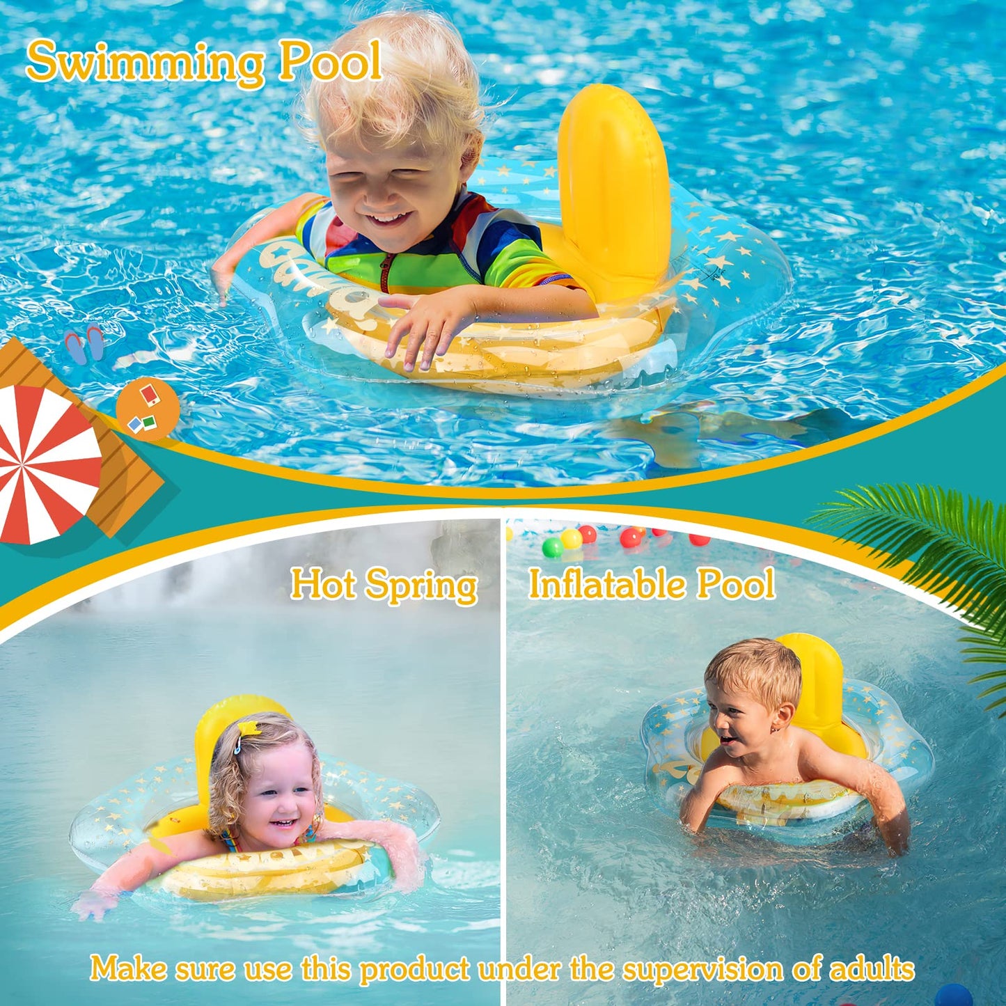 Zooawa Baby Swimming Float, Baby Floats For Pool With Safety Seat,Infant Baby Pool Float No Flip Thicken Swim Training For Baby Of 6-30 Months,L,Yellow