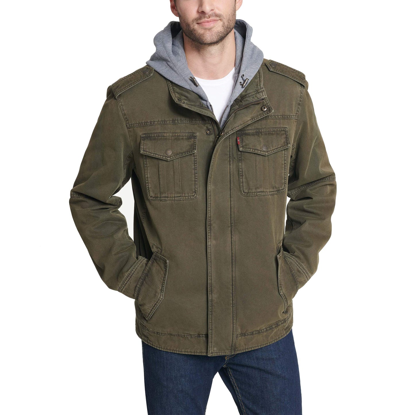Levis Mens Washed Hooded Military Cotton Lightweight Jackets, Olive, X-Large Us