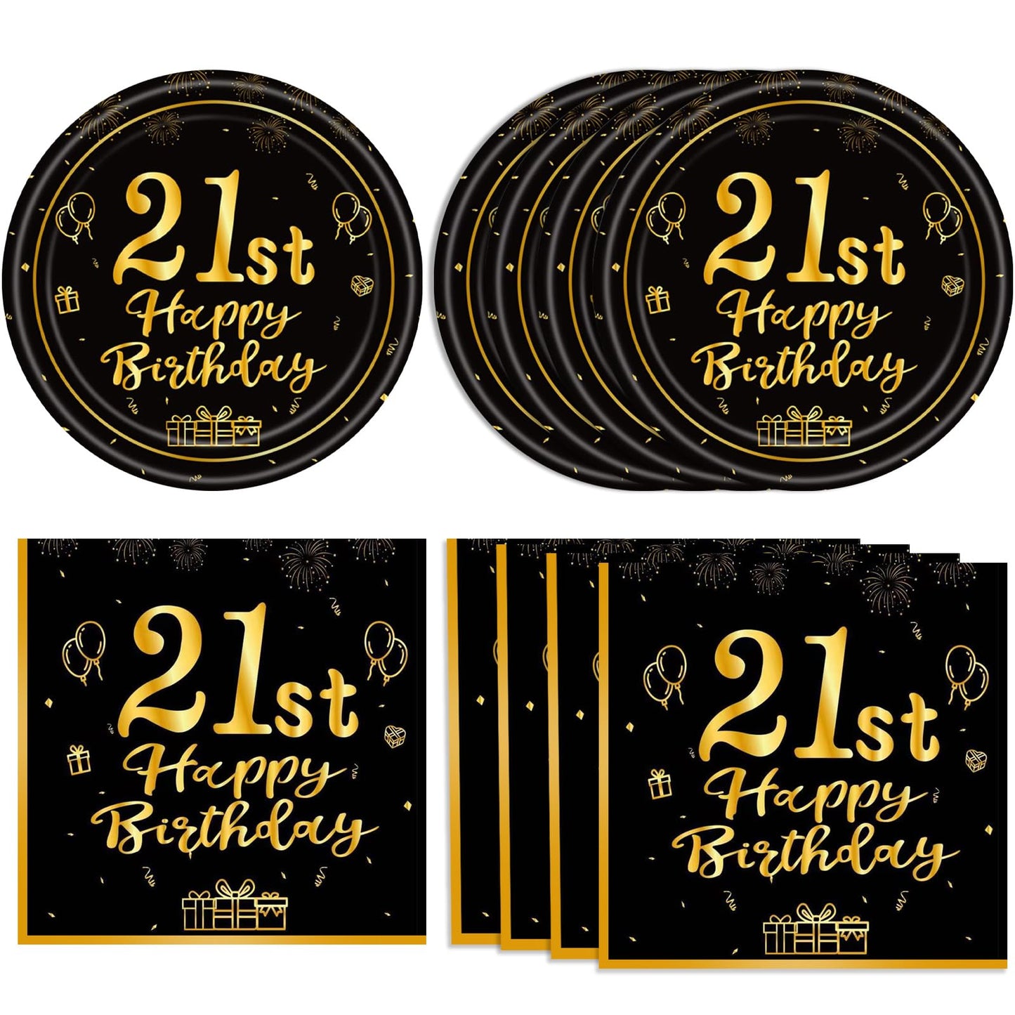40 Pcs 21St Birthday Decorations Happy Birthday Decorations 21 Years Tableware Table Decorations Black Gold 21St Birthday Plates