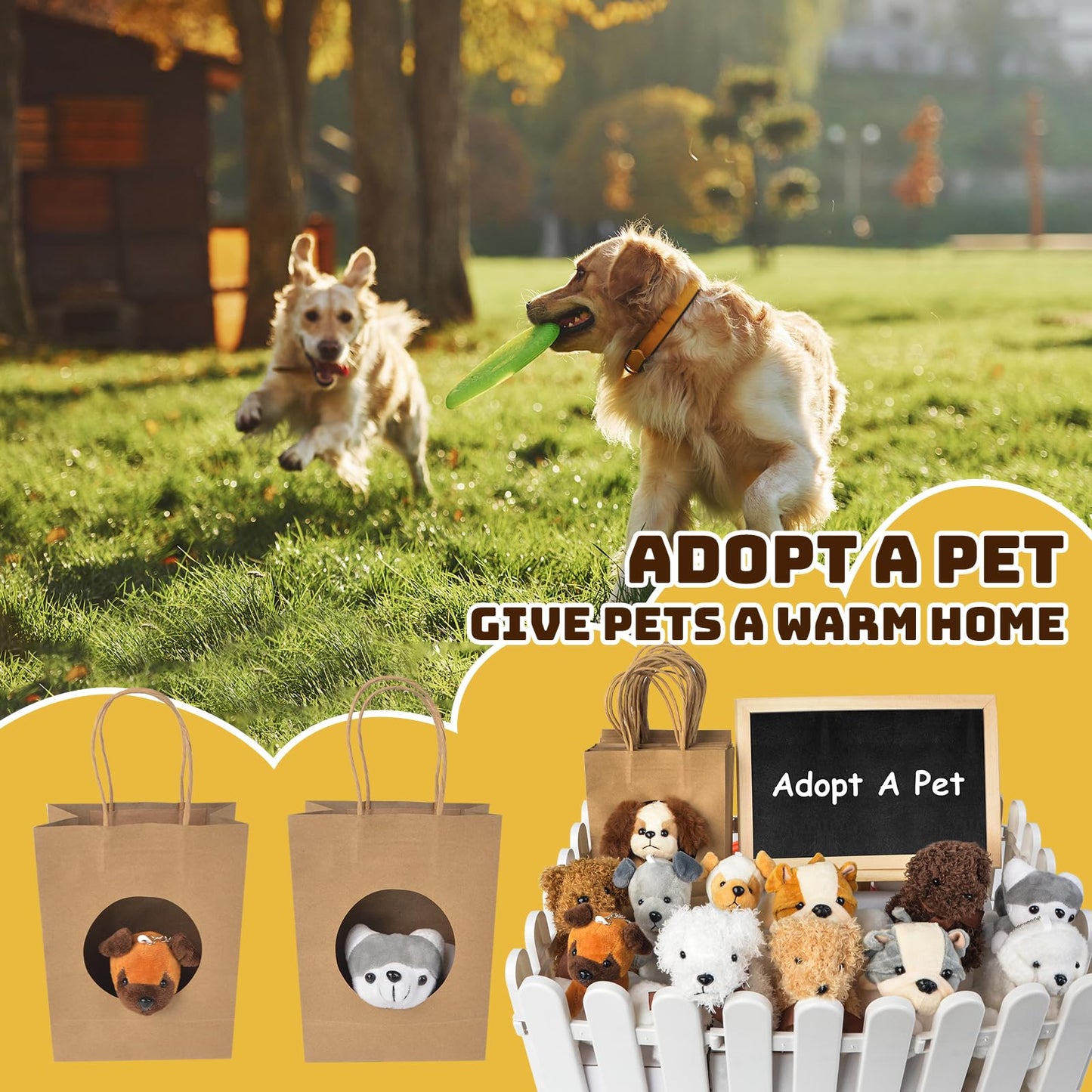 Letesult 36Pcs Adopt A Puppy Party Favors, Mini Stuffed Animals Adopt A Dog Set Includes 12 Stuffed Dogs 12 Kraft Paper Bags 10