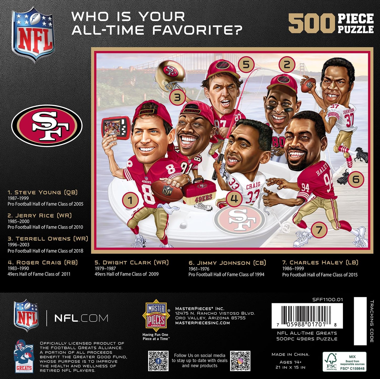 MasterPieces 500 Piece Sports Jigsaw Puzzle for Adults - NFL San Francisco 49ers All-Time Greats - 15x21
