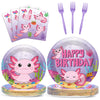 100 Pcs Axolotl Birthday Party Supplies Pink Axolotl Disposable Paper Plates Forks Tableware Sets Cute Cartoon Reptile Animals H