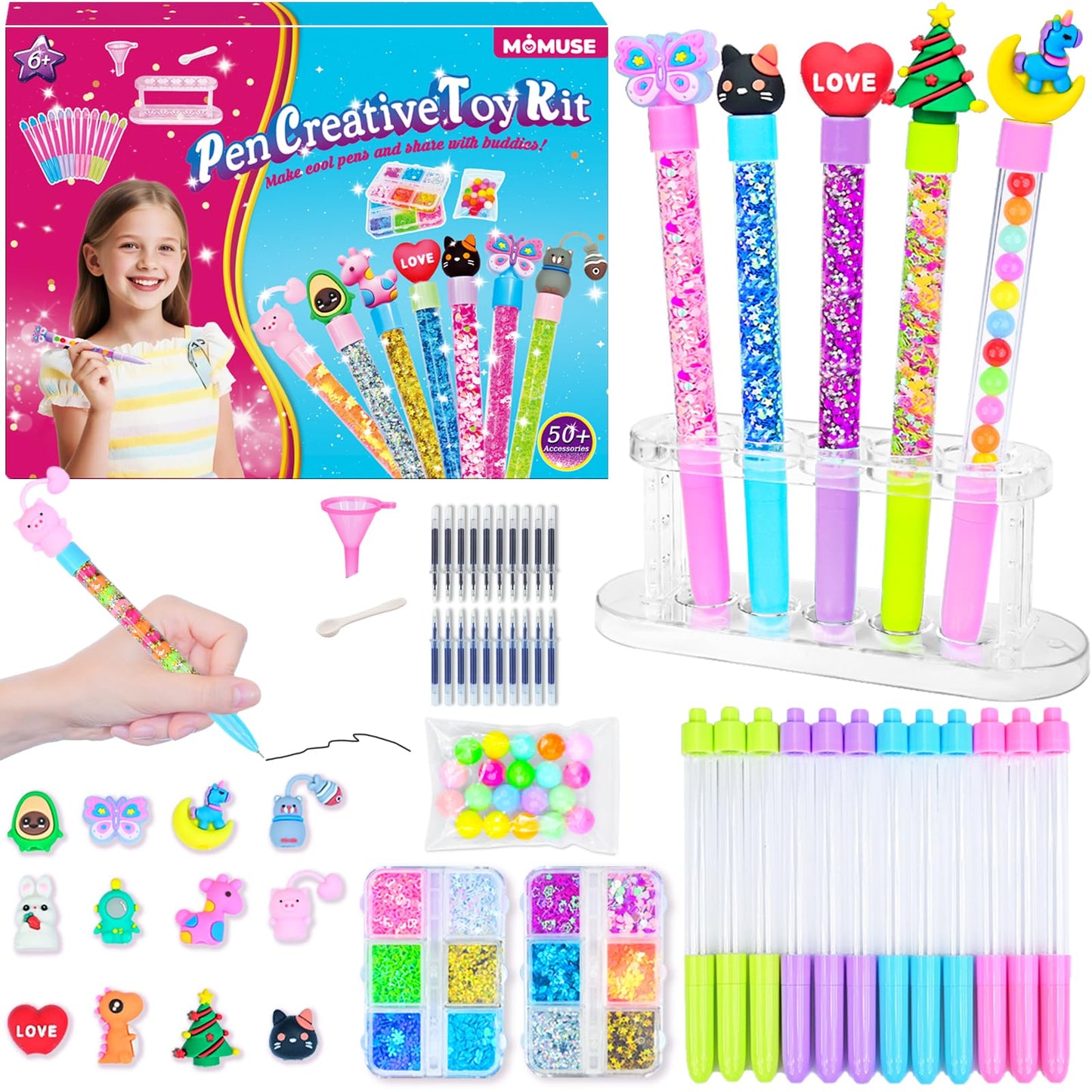 MOMUSE 50 Accessories DIY Pen Making Kit, Fun Pen Creator Studio - Making 12 Sparkly Pens with Sequins Beads, Creative Art Craft