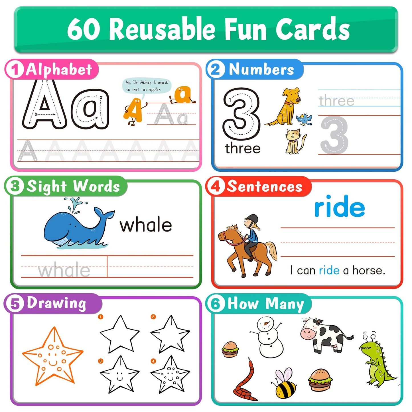 Hoqeewipe Preschool Learning Activities - 60 Reusable Cards, Pre-K Kindergarten Workbook, Autism Supplies Montessori Educational