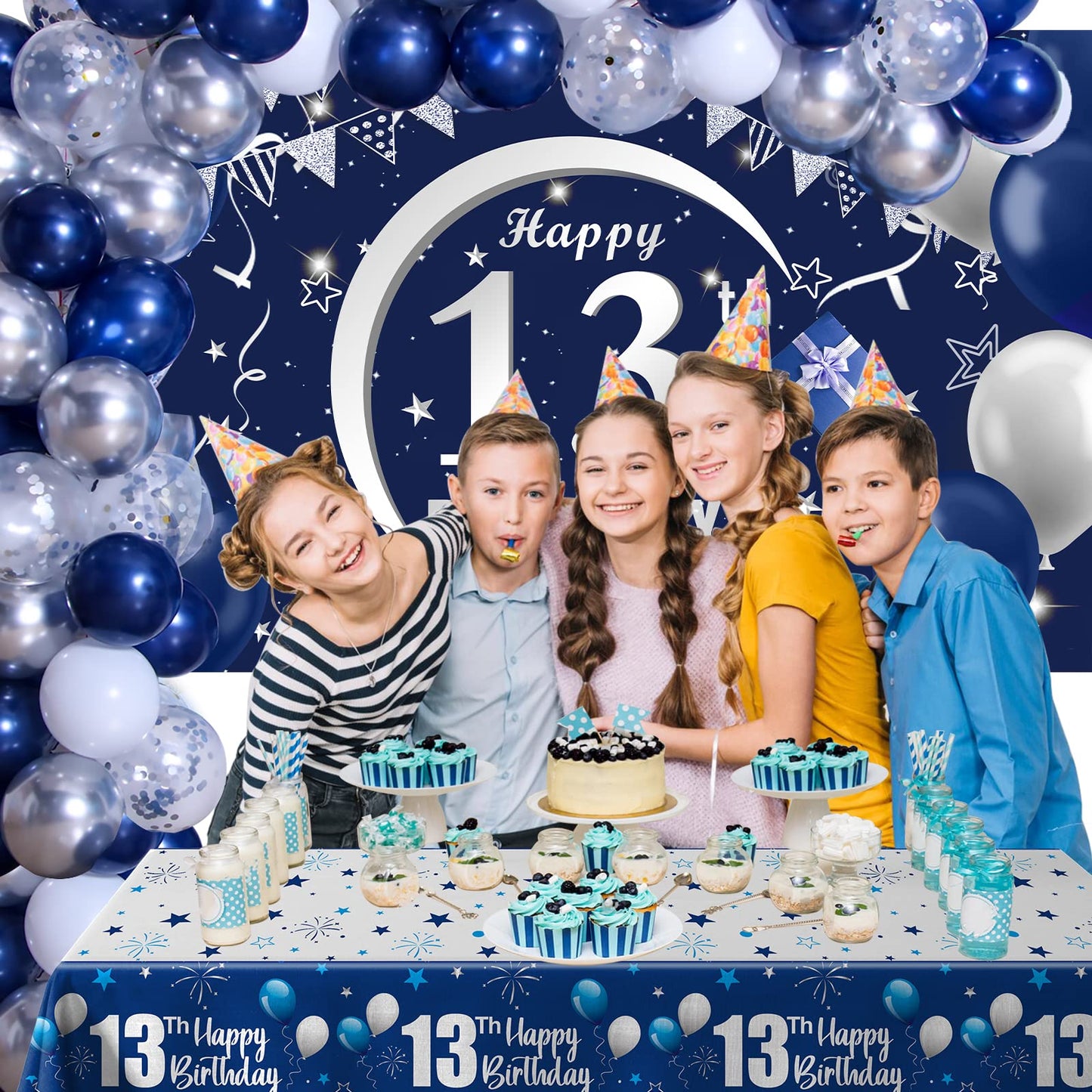 Navy Blue 13Th Birthday Decorations For Boys And Girls, Happy 13Th Birthday Backdrop, Tablecloth, Balloons Garland Arch Kit - 13Th Birthday Banner Party Supplies Bday Decor For Sweet 13 Year Old Teen