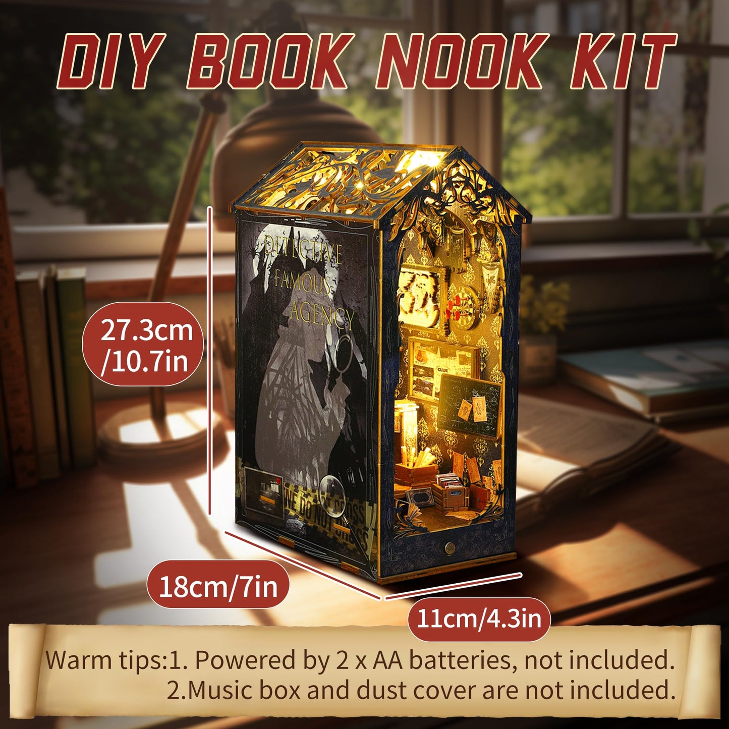 Book Nook Kit, Mojino Diy Miniature 3D Puzzle Wooden Bookends Dollhouse With Led Lights For Bookshelf Decor, Tiny Miniverse Mode